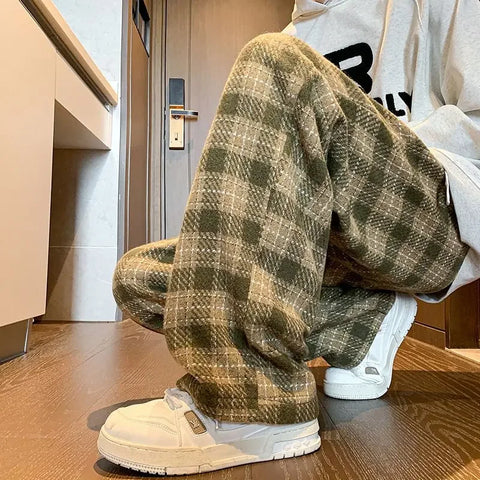 HOUZHOU Green Plaid Pants Unisex Harajuku Winter Wide Leg Checked